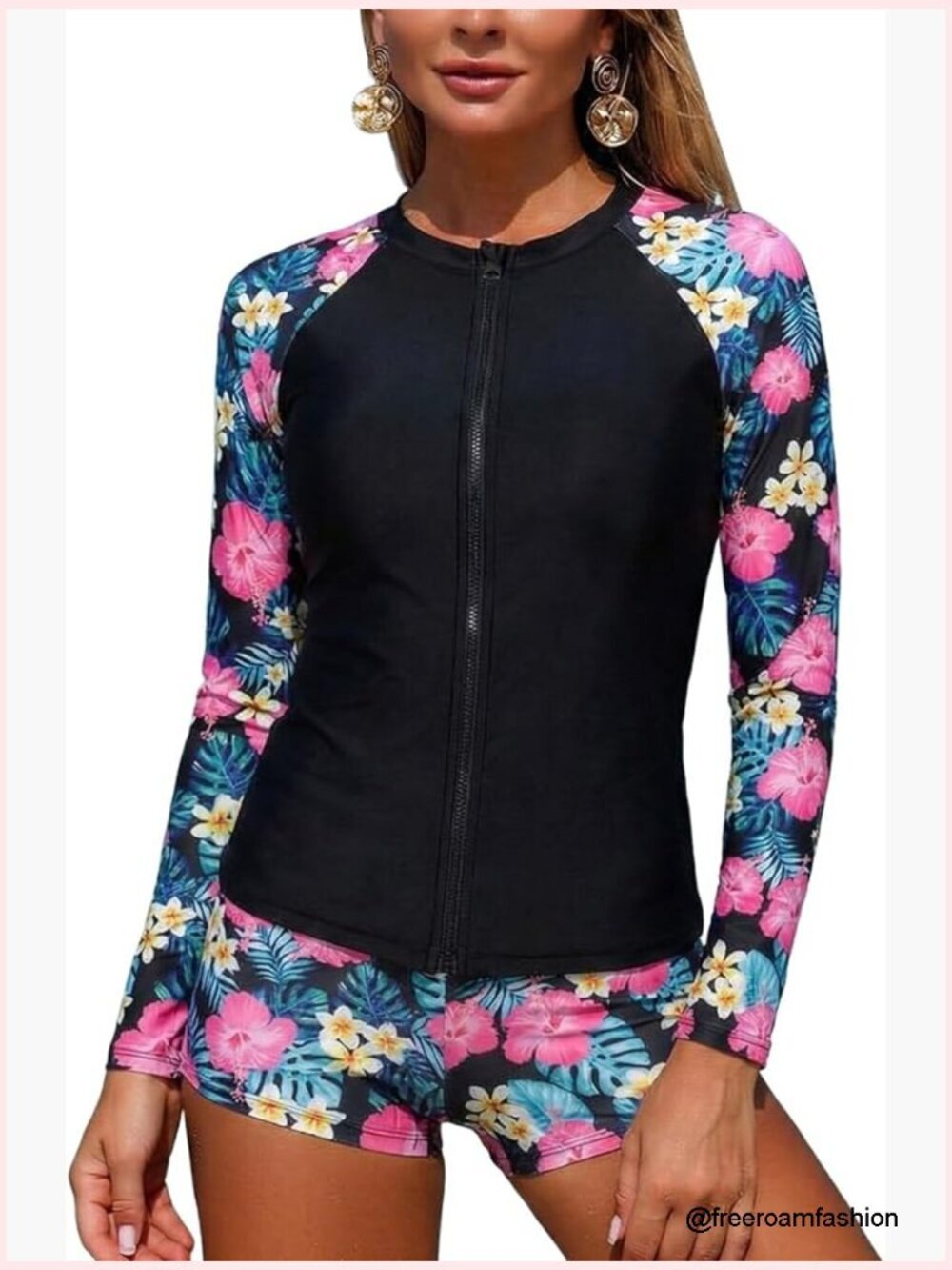 Long Sleeve Zip Up Rash Guard 3 Piece Swimsuit Set Jacket Bra Boyshorts